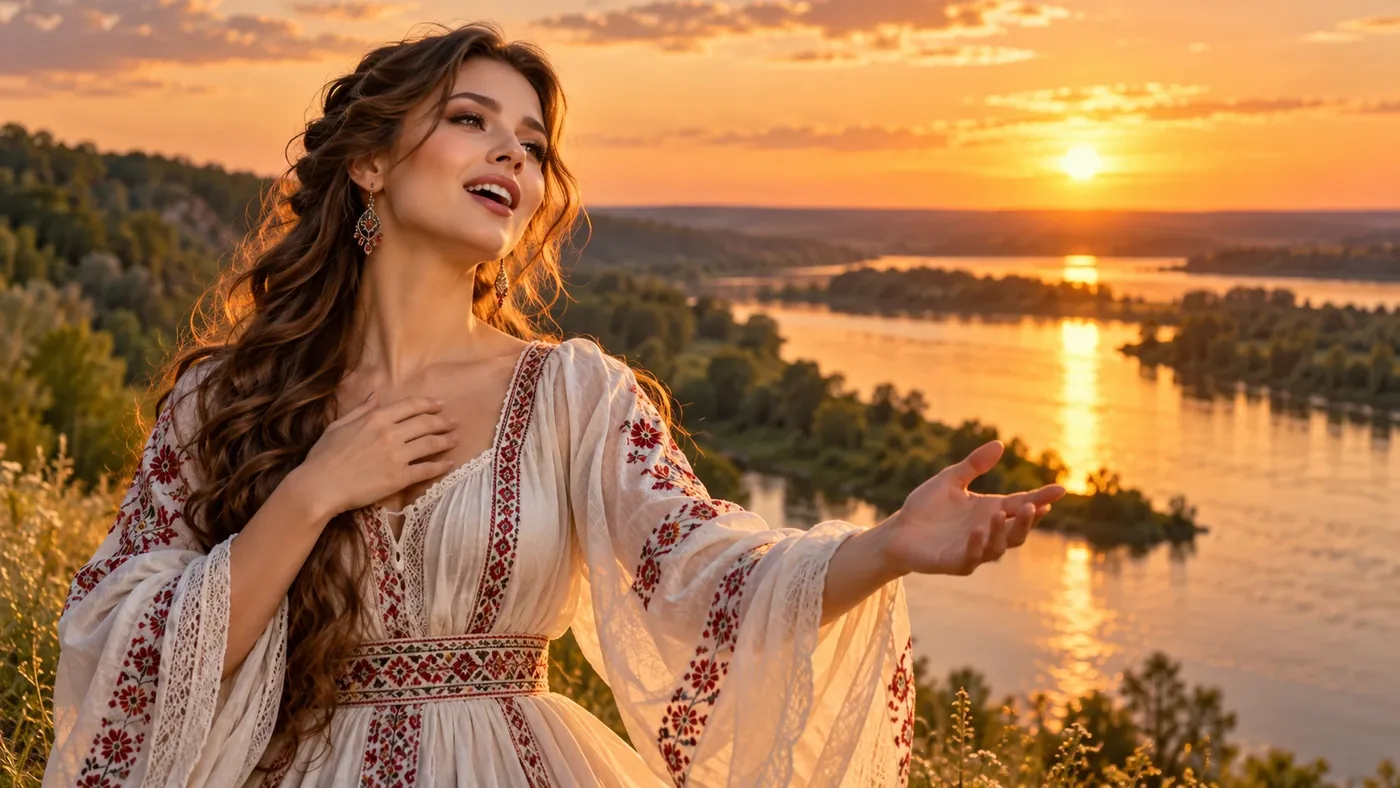 Певица у реки на закате